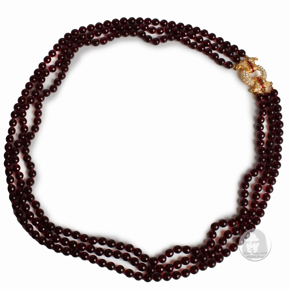 Nolan Miller Necklace Multistrand Red Glass Beads Rhinestones Clasp Vintage 80s